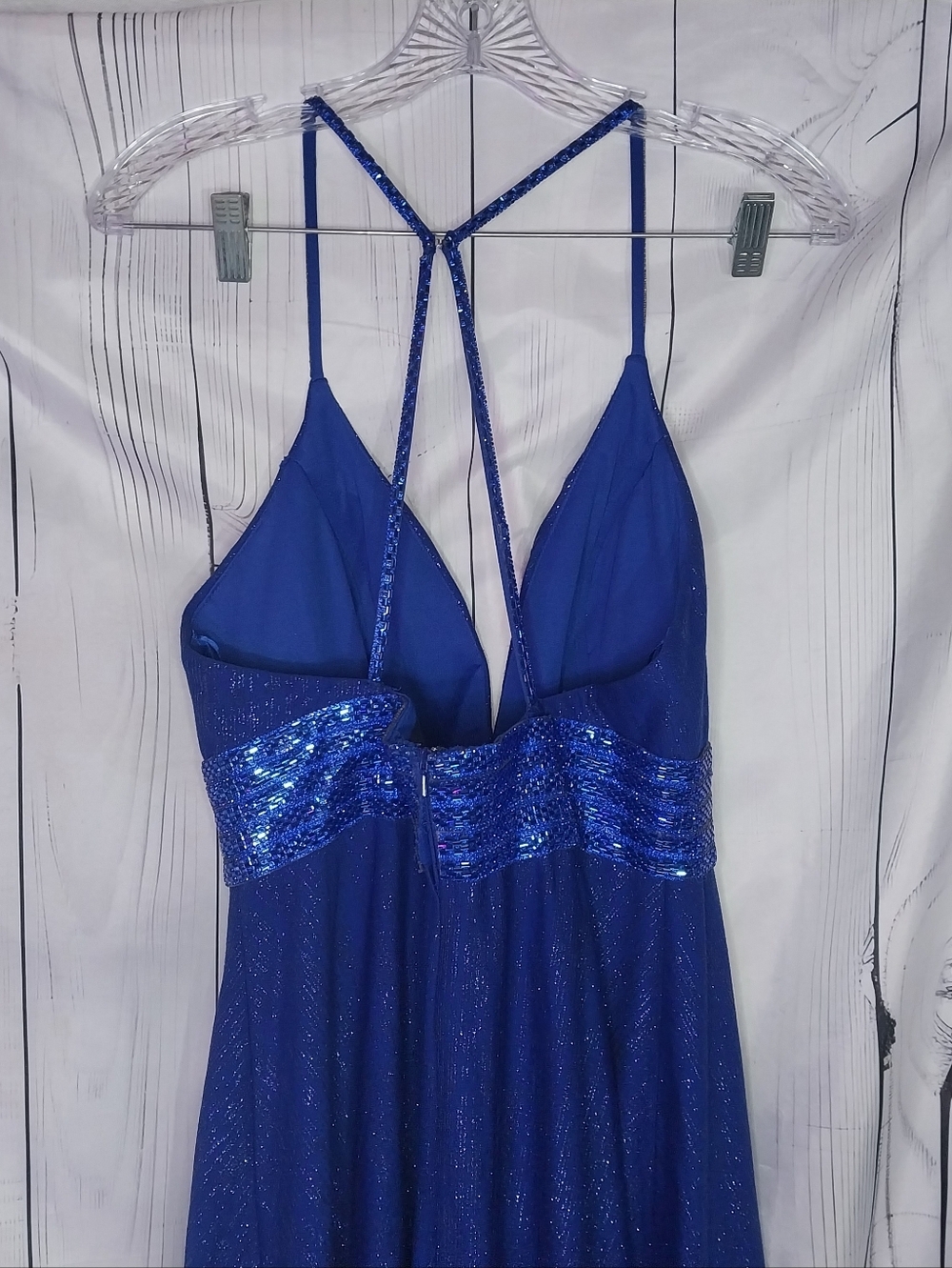Mac Duggal Royal Blue Cassandra Stone V-Neck Maxi Prom Dress - Picture 10 of 16